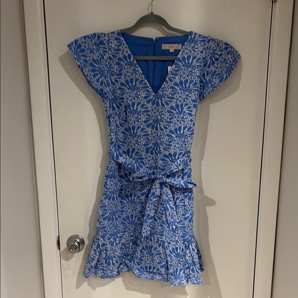 NWT LOFT Blue and White Embroidered Dress